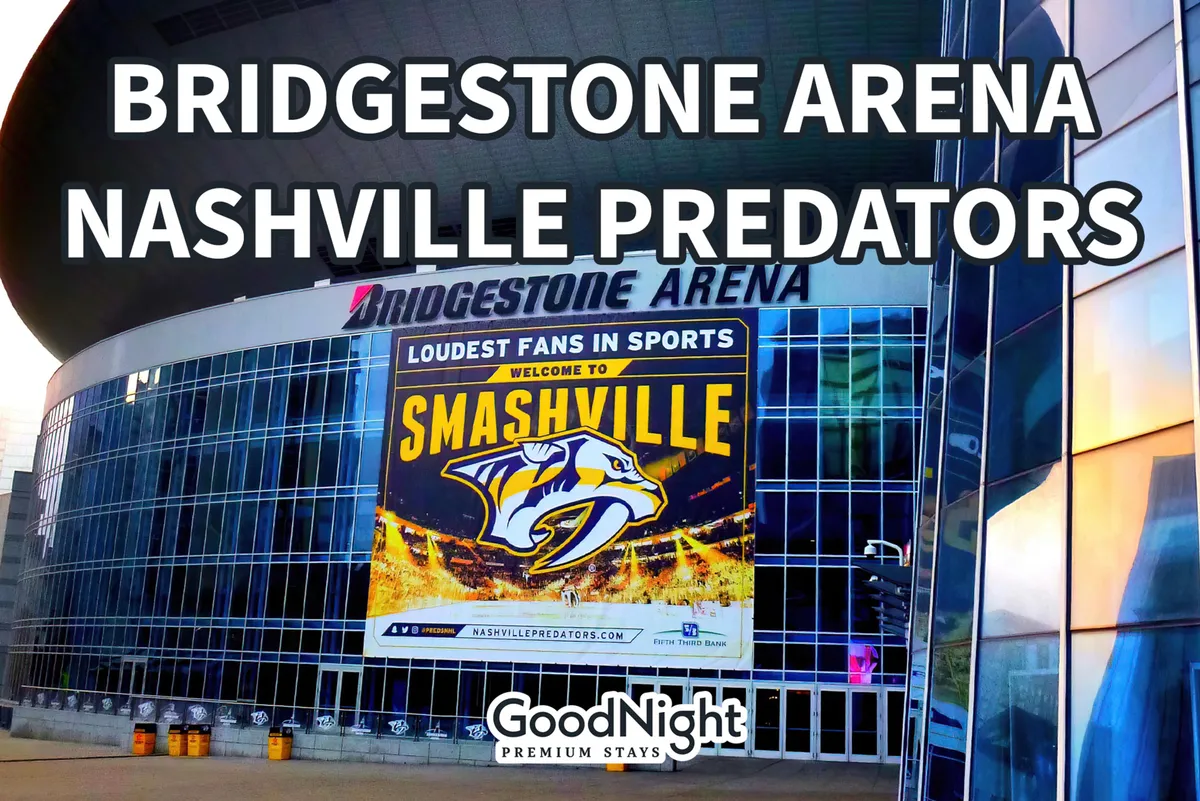 This image features the striking facade of Bridgestone Arena, with a Nashville Predators banner and a welcoming 'Smashville' sign. The scene captures the anticipation and excitement typical of major events held in downtown Nashville.