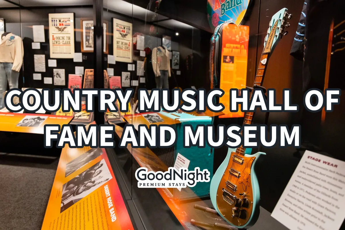Inside the Country Music Hall of Fame, this image displays a guitar exhibit, vintage clothing, and educational plaques. The interactive, celebratory setting invites families to discover Nashville’s musical heritage together.
